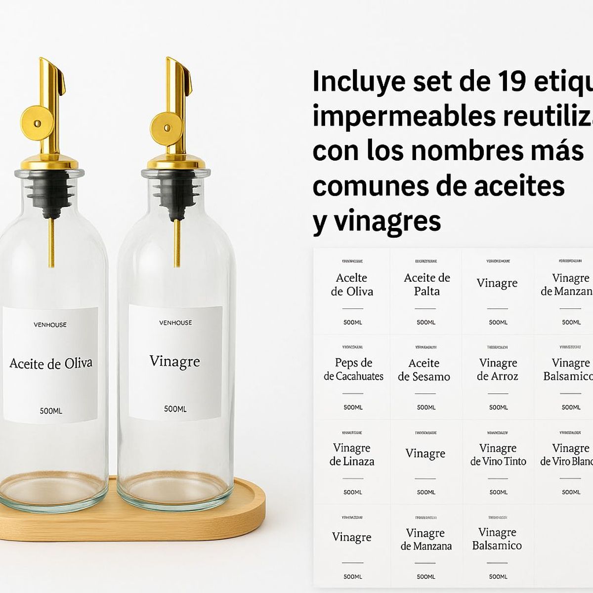 GENERICO - Set 2 Botellas Vidrio Aceite Con Base Bambú Dispensador