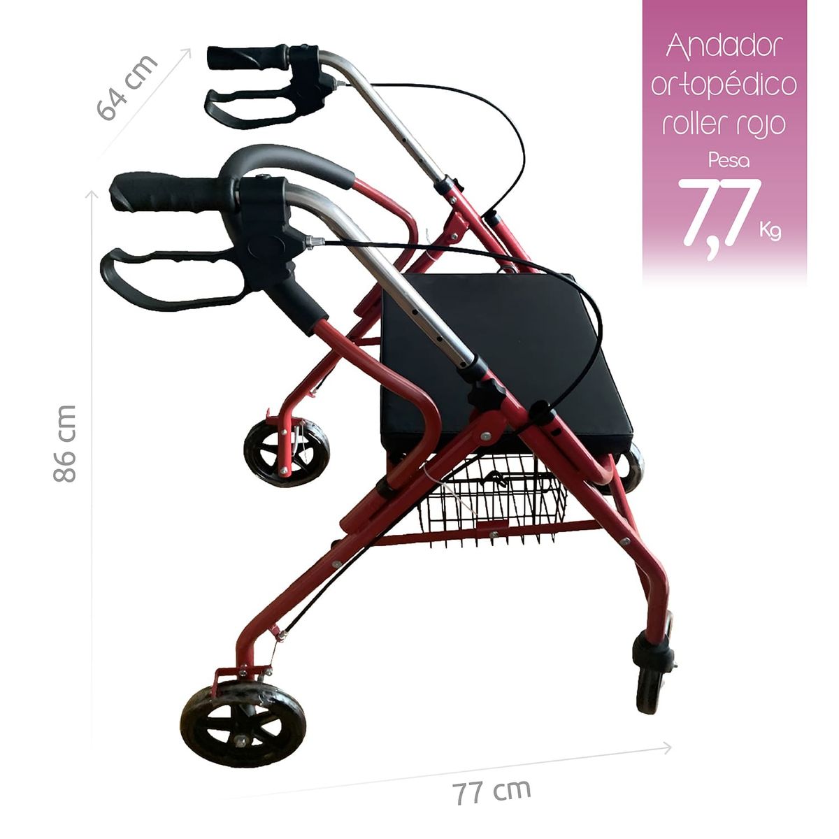 ACQUI - Andador Ortopédico Roller 4 Ruedas Adulto Mayor Rojo Acqui
