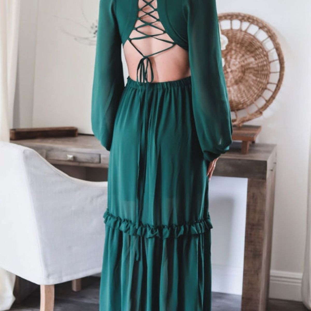 ARRAKASTA - Vestido verde mangas.-