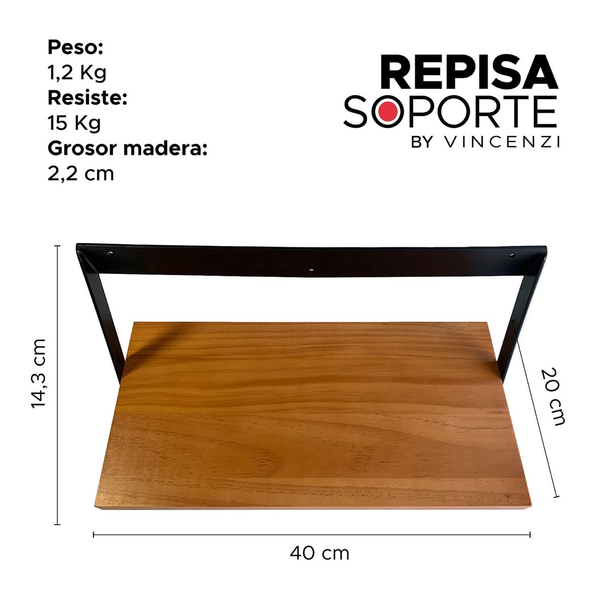 VINCENZI - Pack 2 Soportes o Repisas De Madera Con Hierro Para Pared 60x20 cm