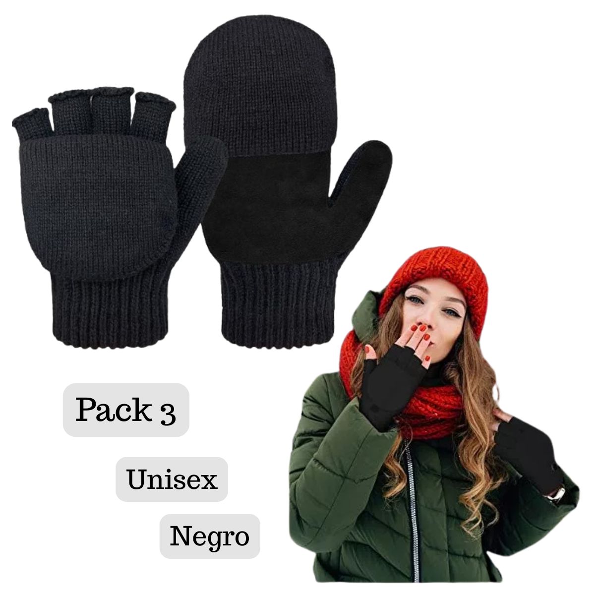EKOL TACTICA MILITAR - Pack 3 Guantes Térmicos De Invierno Sin Dedos Convertibles