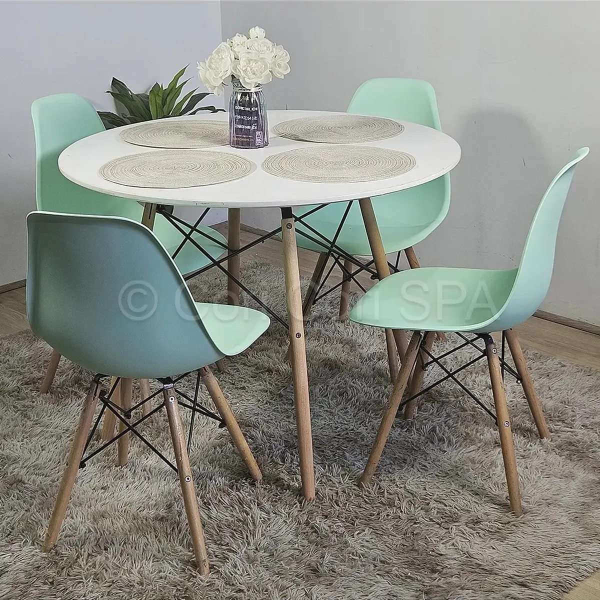 CORI CORI - Juego de Comedor Mesa Blanca 100cm + 4 Sillas Eames Menta