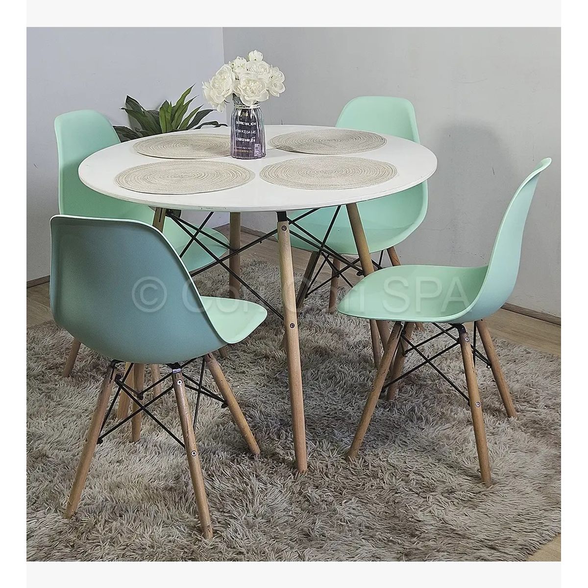 CORI CORI - Juego de Comedor Mesa Blanca 100cm + 4 Sillas Eames Menta