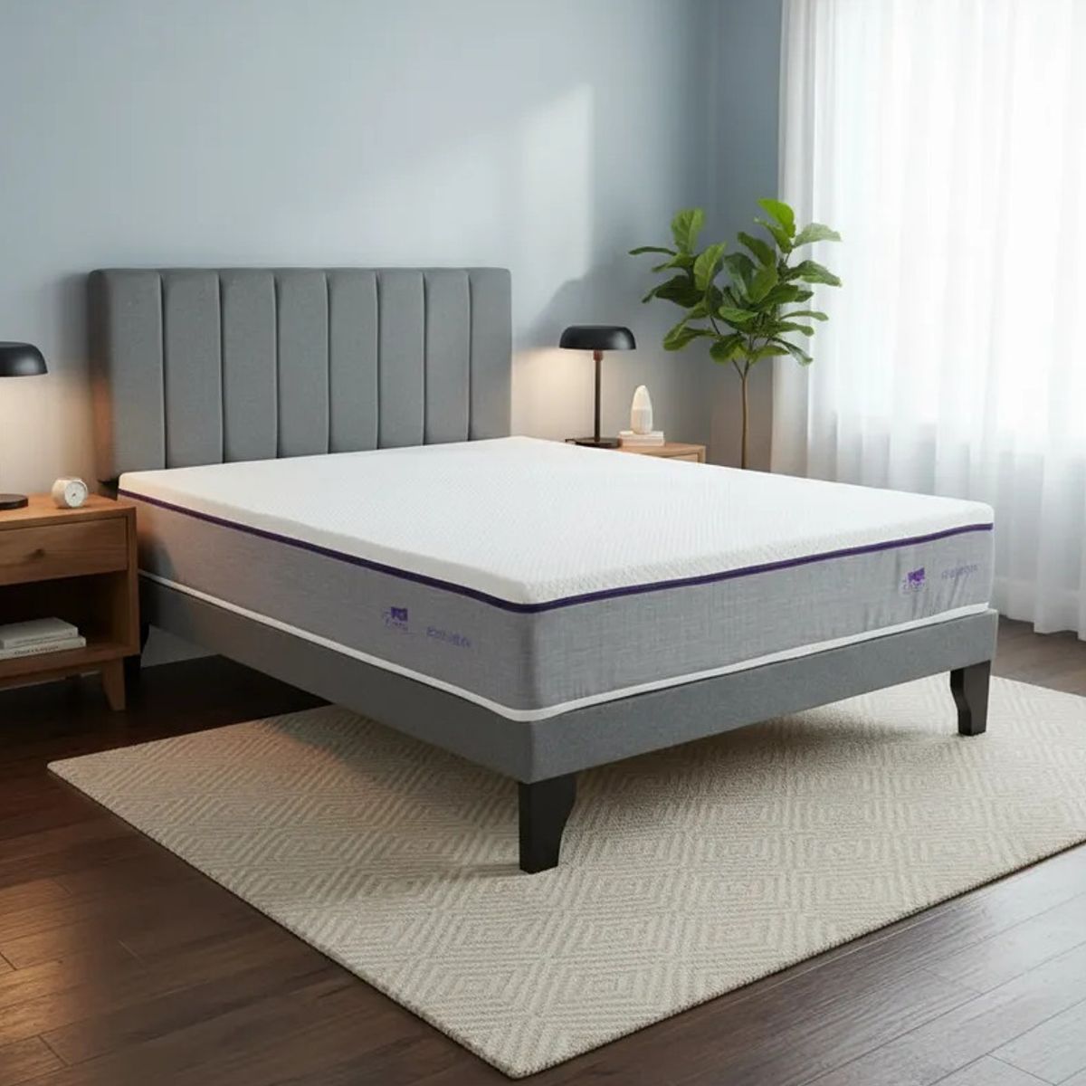 FLOBAL - Cama Europea Super King + Respaldo Franja Gris+Colchón Lumbarfit 2x2