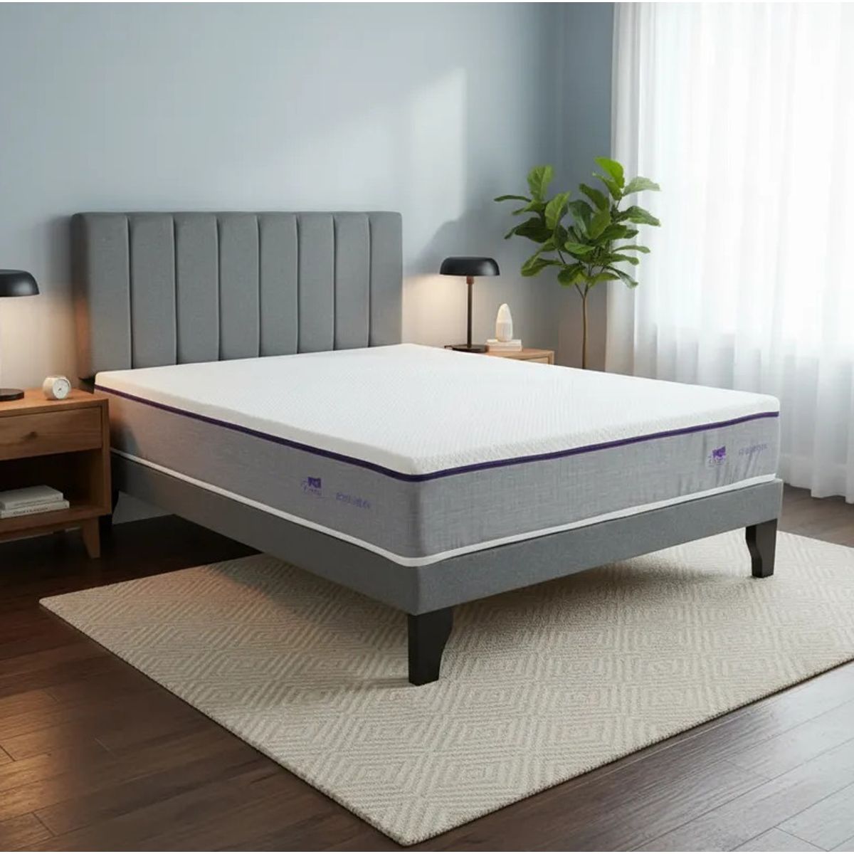 FLOBAL - Cama Europea Super King + Respaldo Franja Gris+Colchón Lumbarfit 2x2