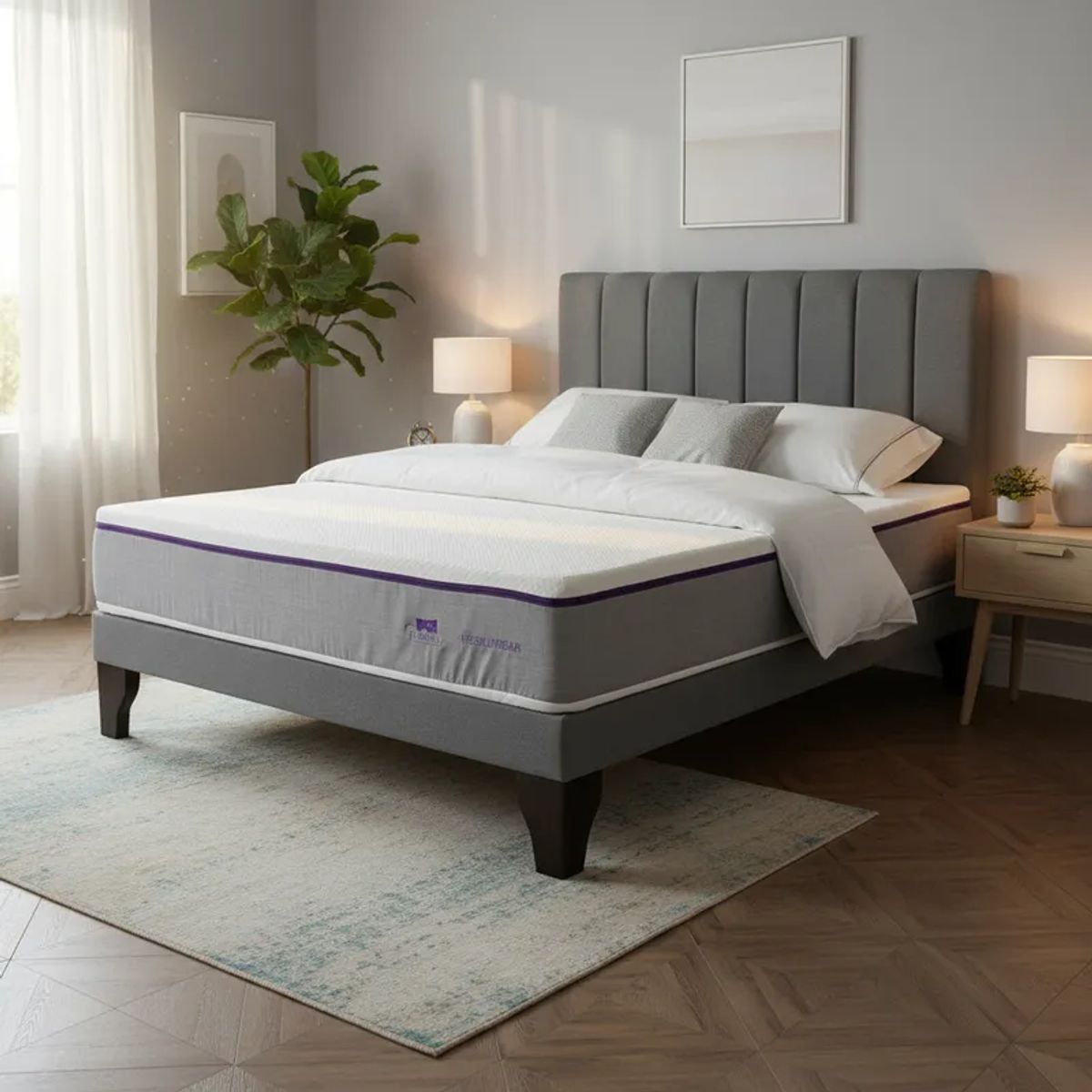 FLOBAL - Cama Europea Super King + Respaldo Franja Gris+Colchón Lumbarfit 2x2