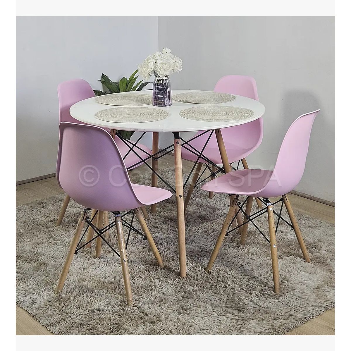 CORI CORI - Juego de Comedor Mesa Blanca 100cm + 4 Sillas Eames Rosa