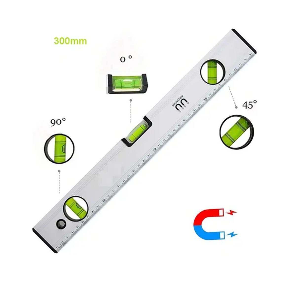 GENERICO - Nivel De 3 Burbujas De Aluminio + Regla De Medición 300mm