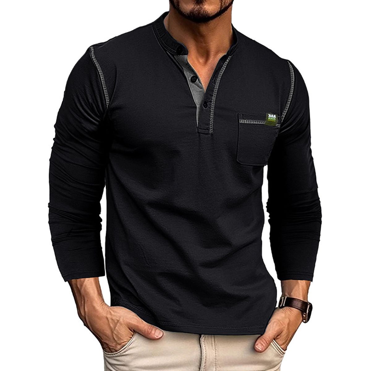 BLWOENS - Polera de manga larga para hombres en primavera y otoño - Negro