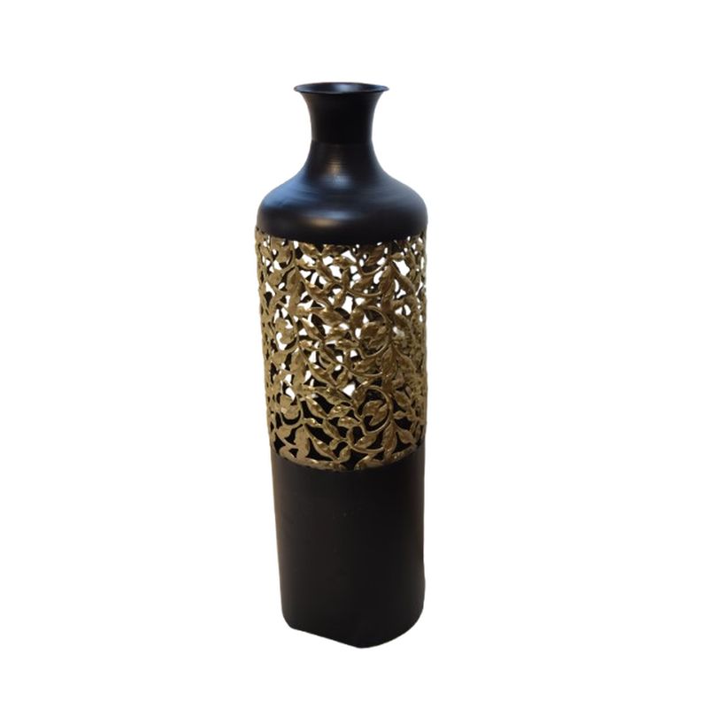 TERRA ESTILO - Florero Metálico Negro con Detalles Dorados