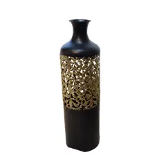 TERRA ESTILO - Florero Metálico Negro con Detalles Dorados