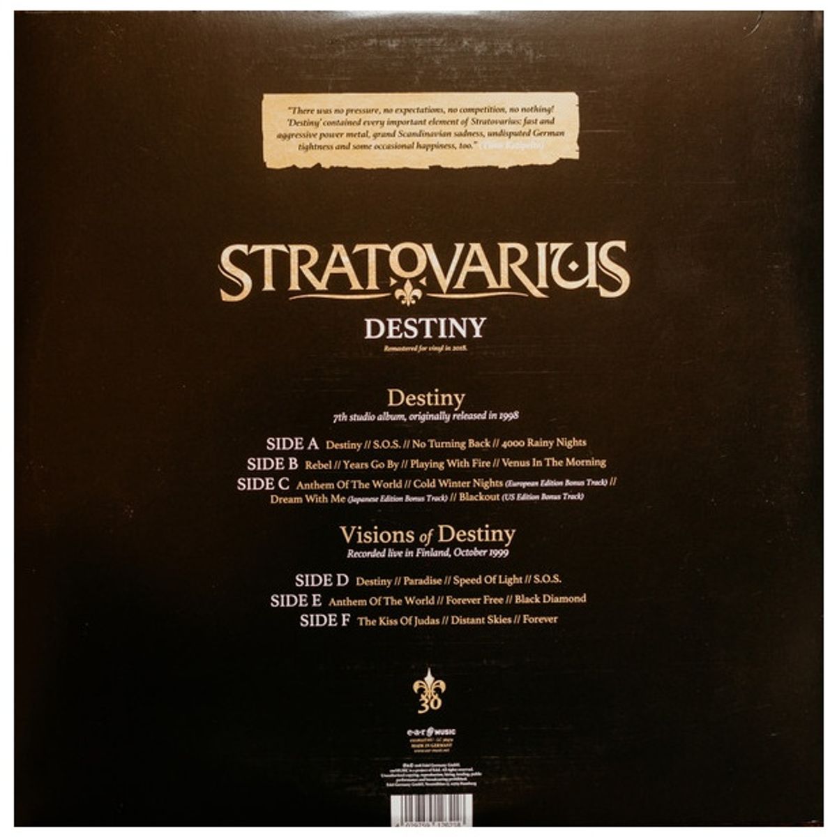 HITWAY MUSIC - STRATOVARIUS - DESTINY 3LP - VINILO
