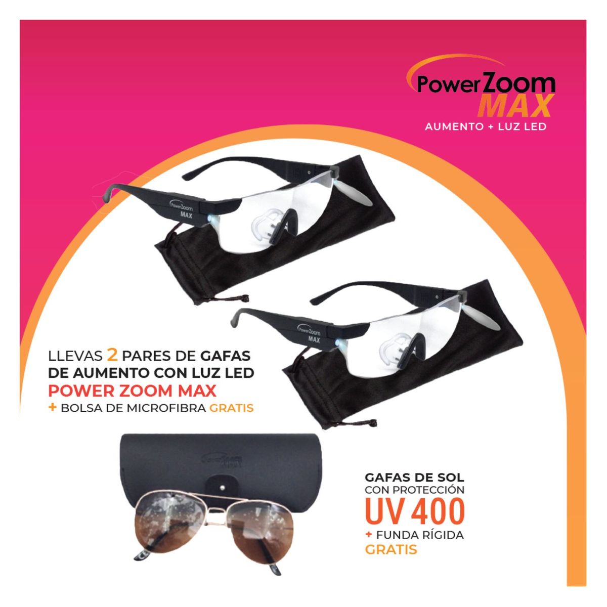 POWER ZOOM MAX - Set 2 Anteojos Power Zoom Max Anteojos con luces LED Integradas Resistentes + Lentes de Sol