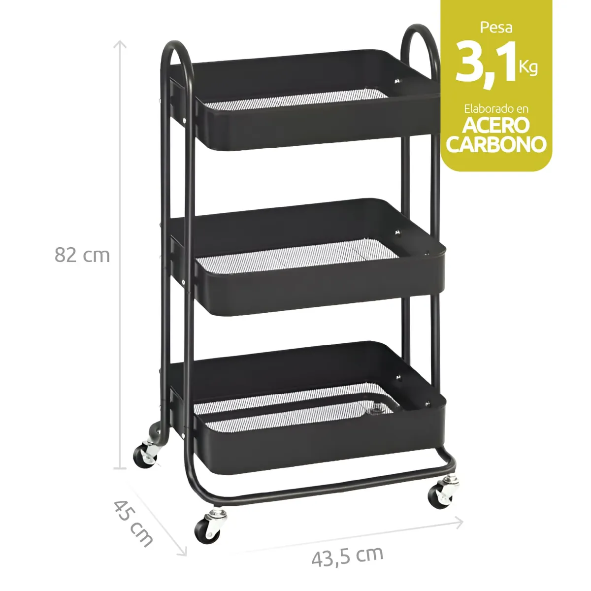 REBAJAS - Carrito Organizador Multiuso 3 Niveles De Acero Ruedas Negro