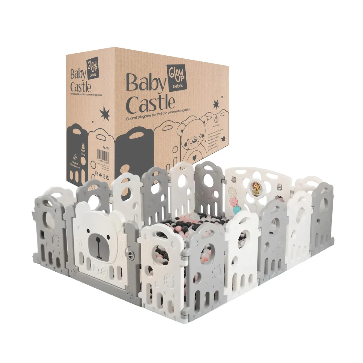 GLOWUP - Corral Para Bebé Plegable Osito Portátil Con Panel Seguridad