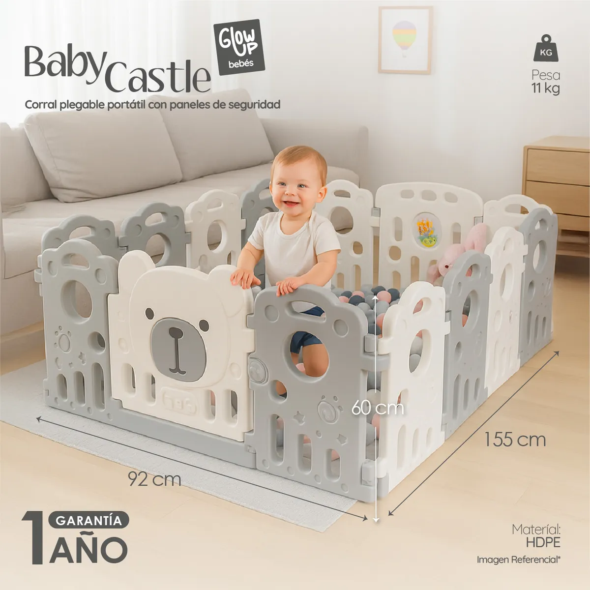 GLOWUP - Corral Para Bebé Plegable Osito Portátil Con Panel Seguridad