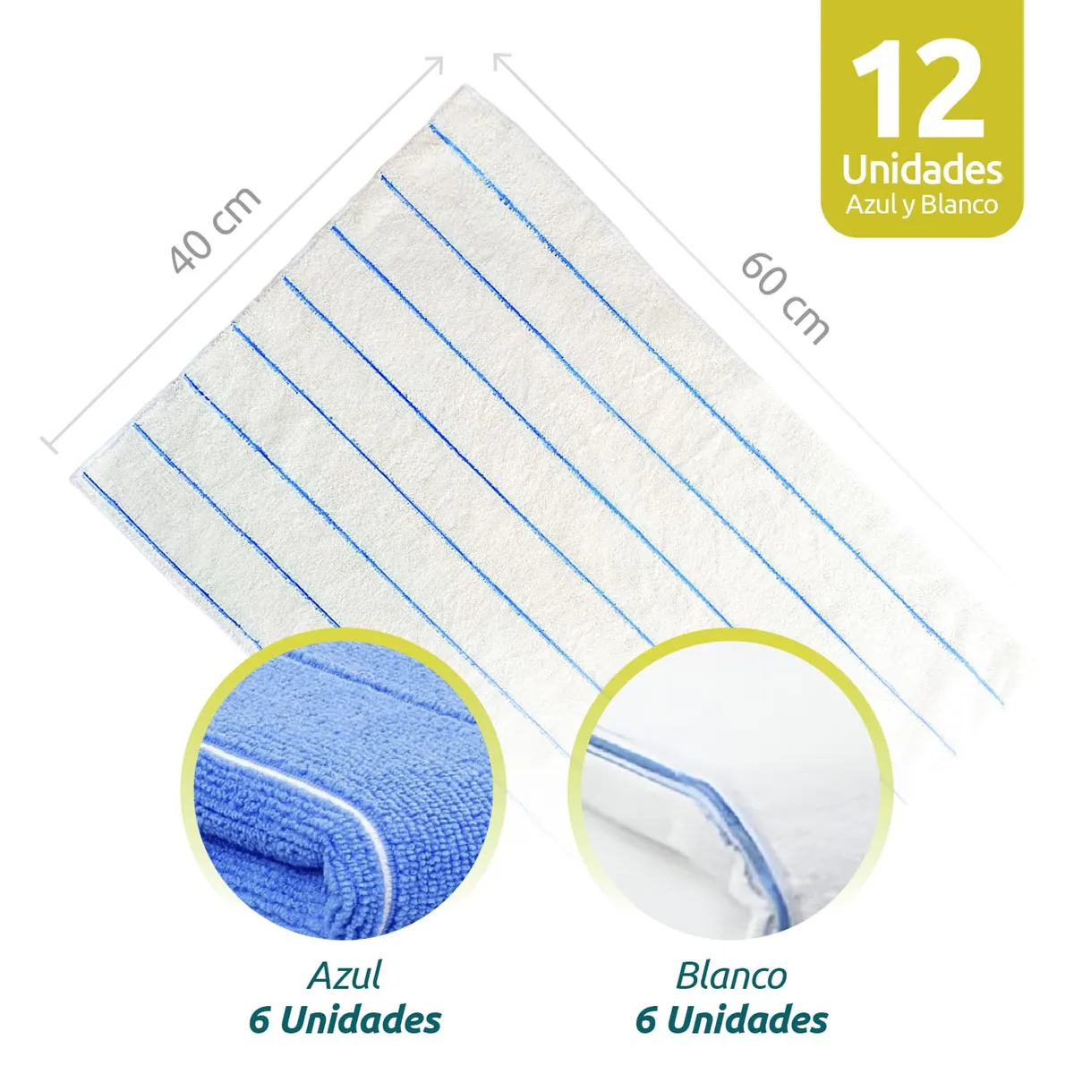 REBAJAS - Pack De 12 Paños De Cocina 60x40 Cm Microfibra Azul Y Blanco
