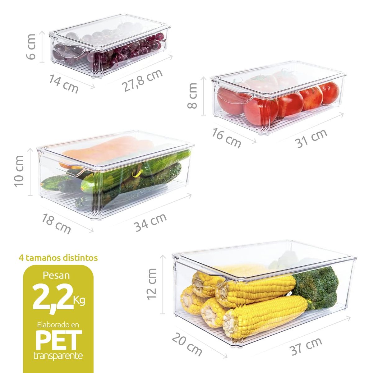 REBAJAS - Pack De 4 Organizadores Contenedores Con Tapa Refrigerador