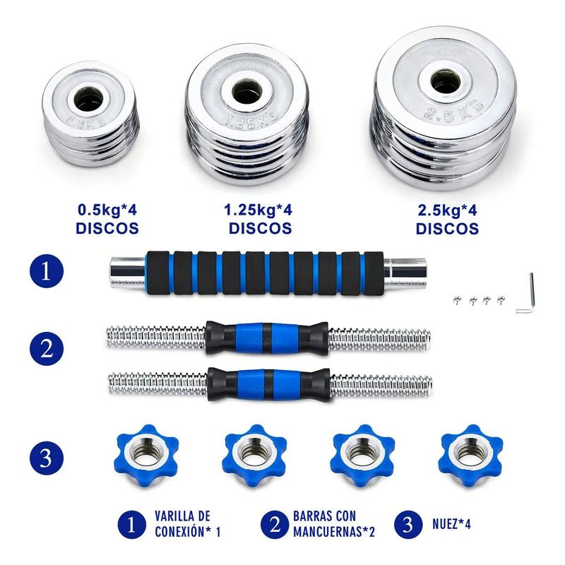SHOP EHOME BAG - Set Mancuernas Y Barra 20 Kg De Metal Cromadas Tuercas