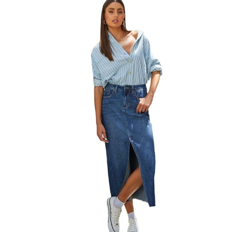 BLWOENS - Falda vaquero de medio busto para mujeres en verano - Azul