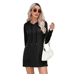BLWOENS - Vestido casual manga larga con gorro para mujer - Negro