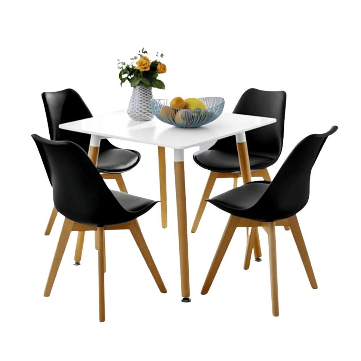 KLIK - Comedor Mesa Eames Cuadrada Blanca + 4 Sillas Tulip Negras
