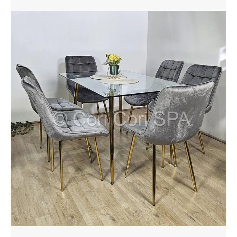 CORI CORI - Juego de Comedor Vidrio Gold 130x80cm + 6 Sillas Capitonne Top Gold Gris