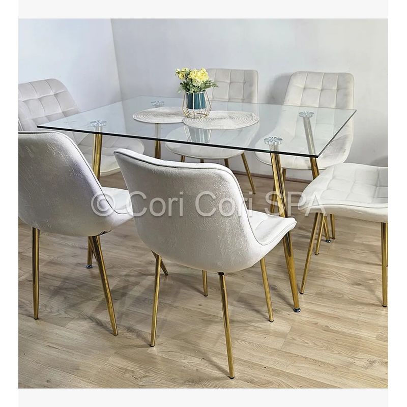 CORI CORI - Juego de Comedor Vidrio Gold 130x80cm + 6 Sillas Capitonne Top Gold Beige