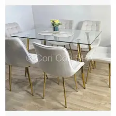 CORI CORI - Juego de Comedor Vidrio Gold 130x80cm + 6 Sillas Capitonne Top Gold Beige
