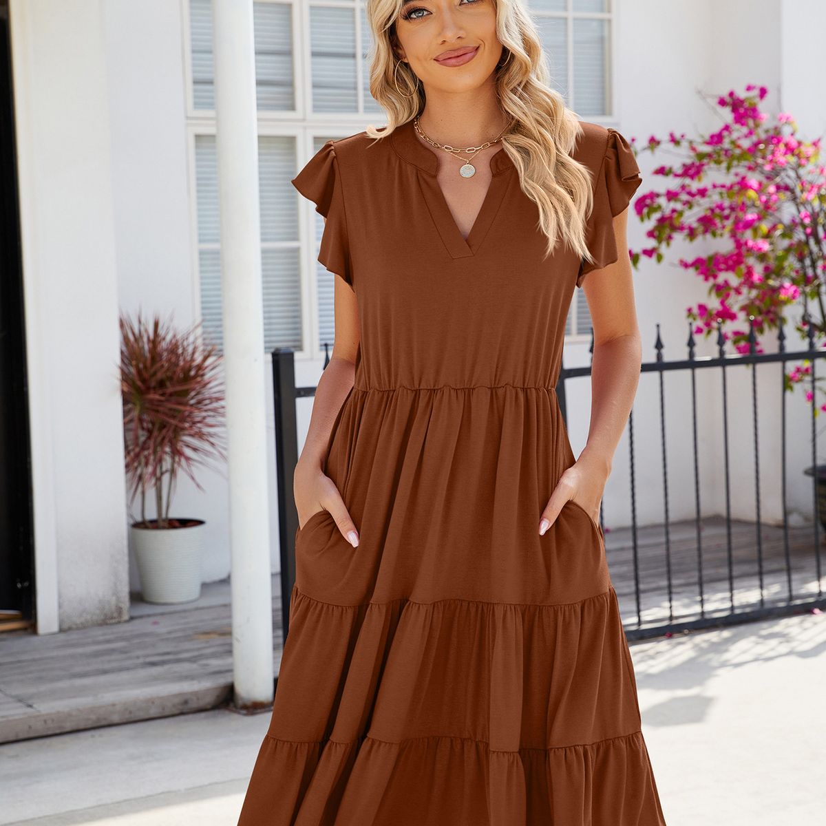 BLWOENS - Vestido casual de verano para mujeres - Marrón