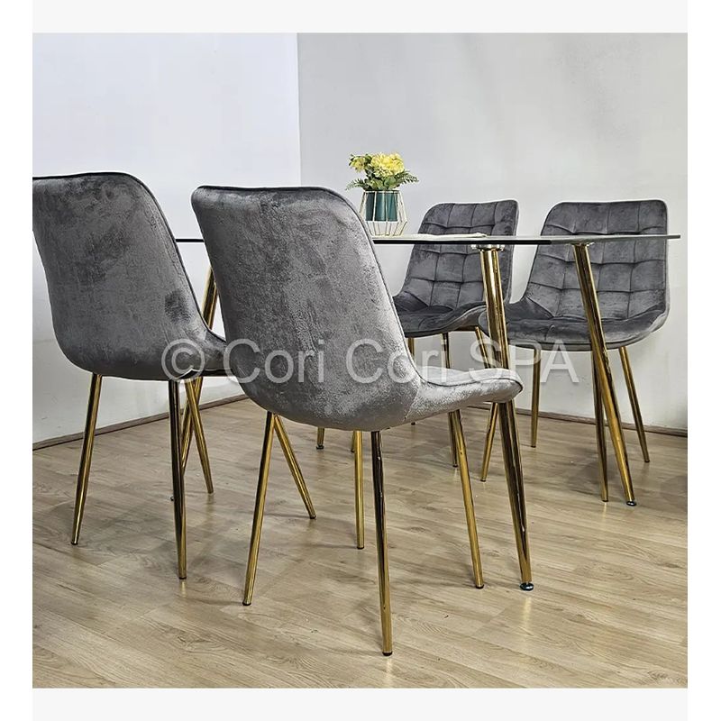 CORI CORI - Juego de Comedor Vidrio Gold 130x80cm + 4 Sillas Capitonne Top Gold Gris