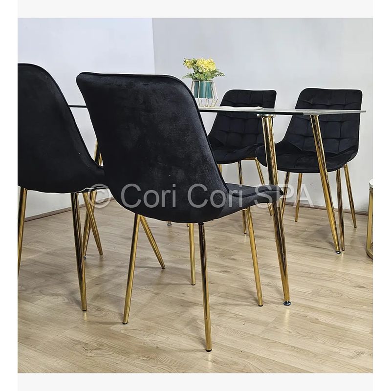 CORI CORI - Juego de Comedor Vidrio Gold 130x80cm + 4 Sillas Capitonne Top Gold Negro