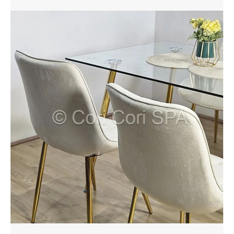 CORI CORI - Juego de Comedor Vidrio Gold 130x80cm + 4 Sillas Capitonne Top Gold Beige