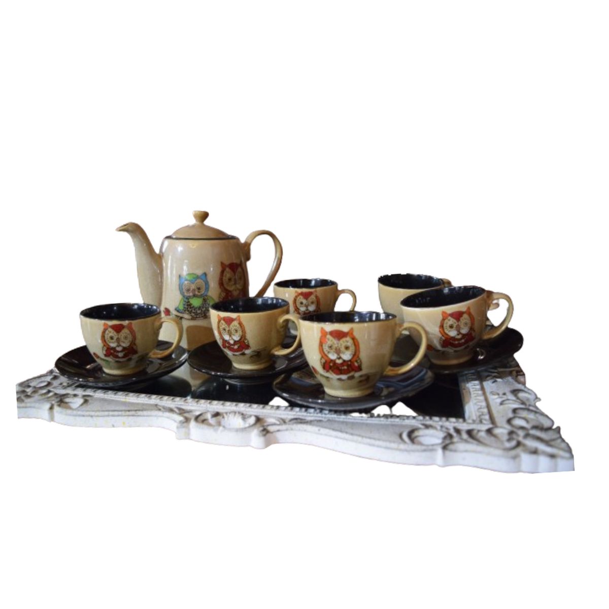 TERRA ESTILO - Set 7 Piezas Tazas y Tetera Búho loza