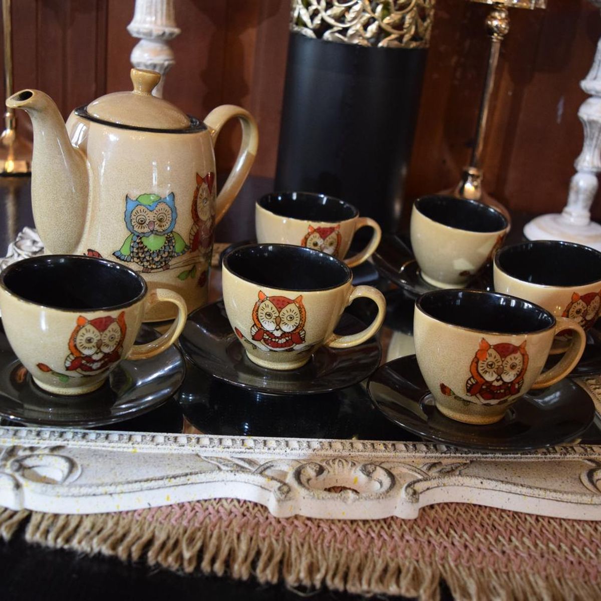 TERRA ESTILO - Set 7 Piezas Tazas y Tetera Búho loza