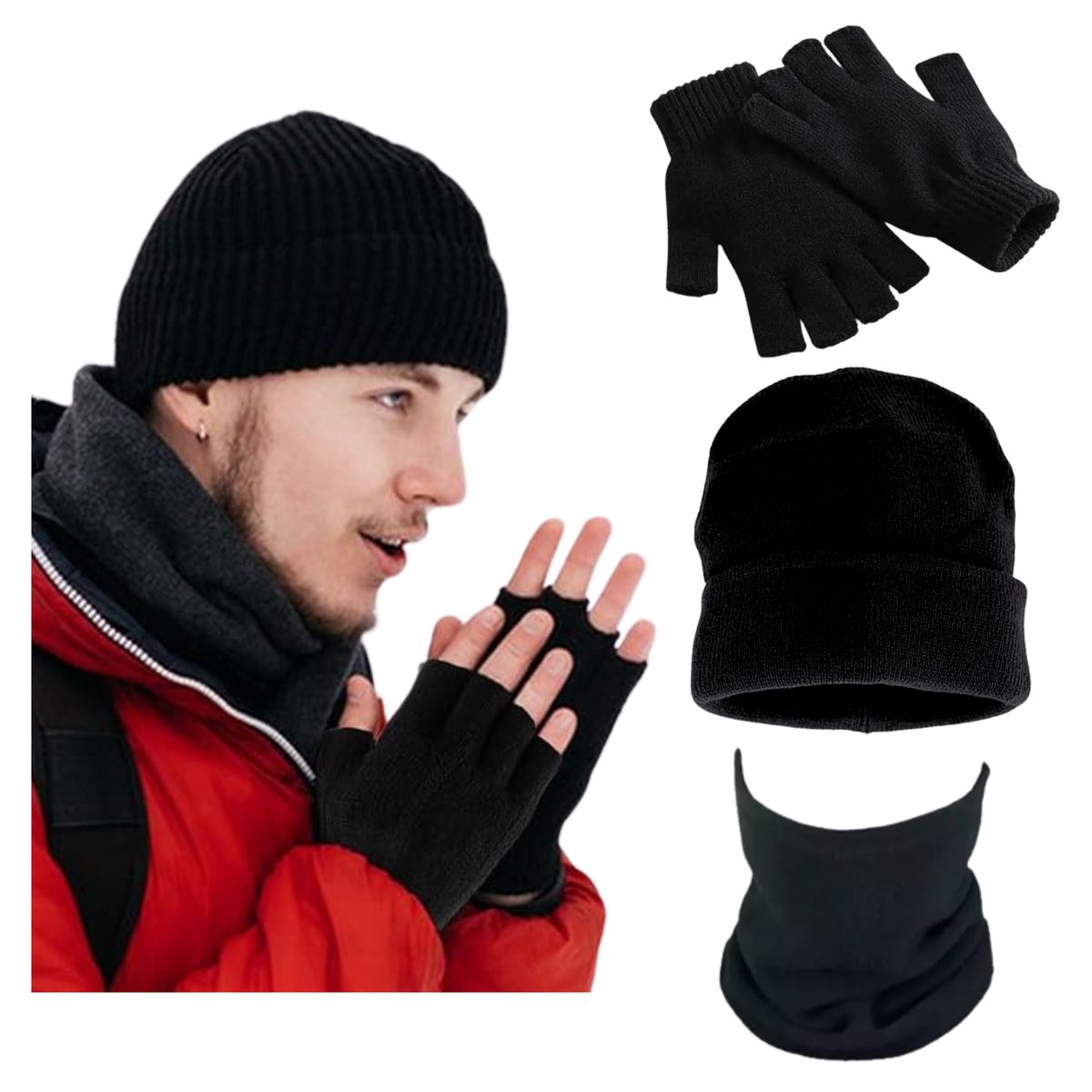 EKOL TACTICA MILITAR - Gorro Beanie + Guantes Lana Sin Dedo + Cuello Polar Invierno