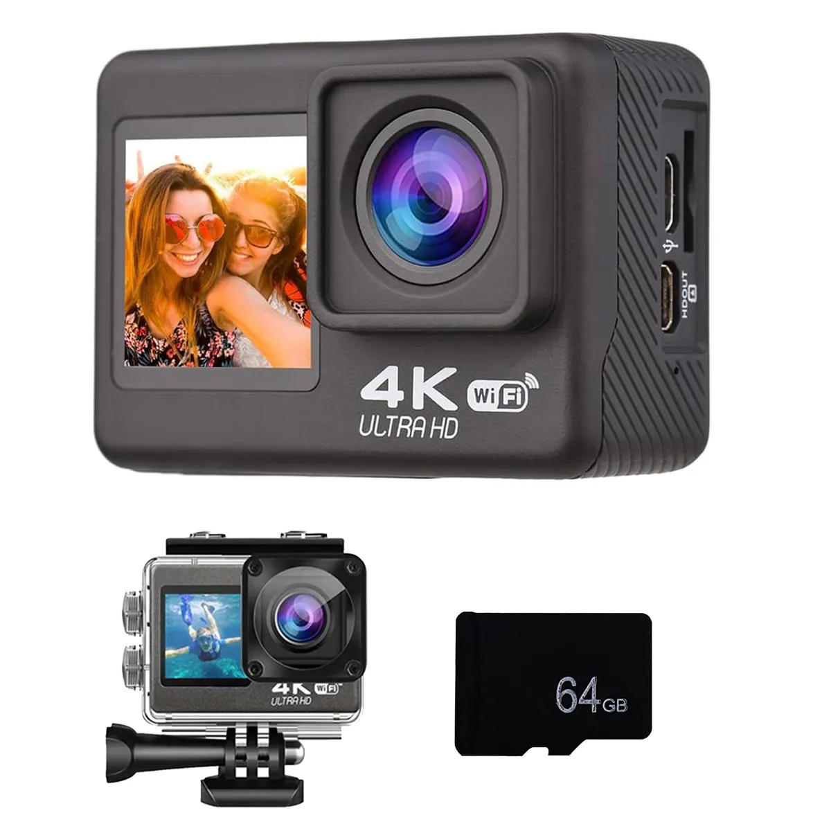 COZYNOOK - Cámara deportiva impermeable táctil para fotografía + tarjeta 64GB