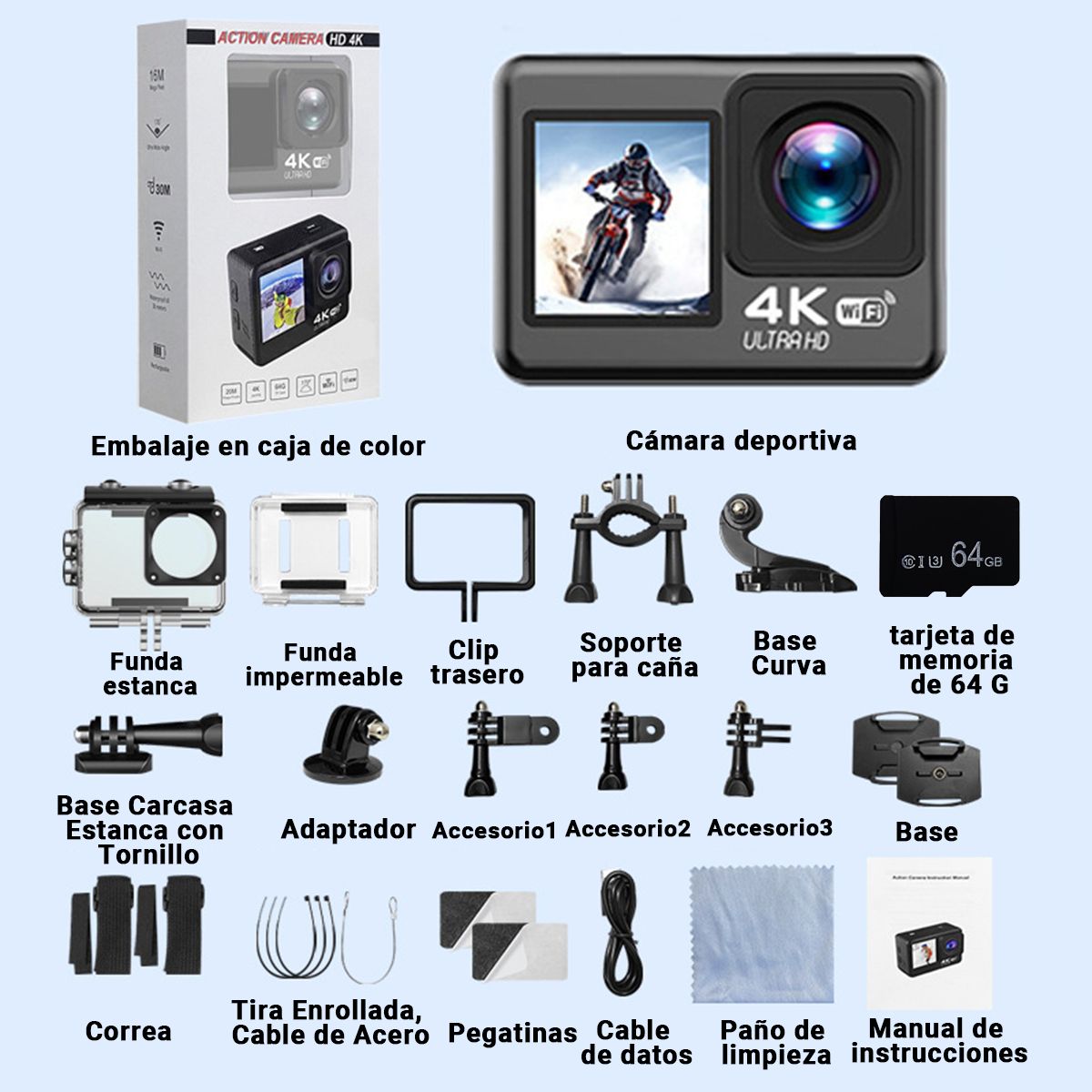 COZYNOOK - Cámara deportiva impermeable táctil para fotografía + tarjeta 64GB