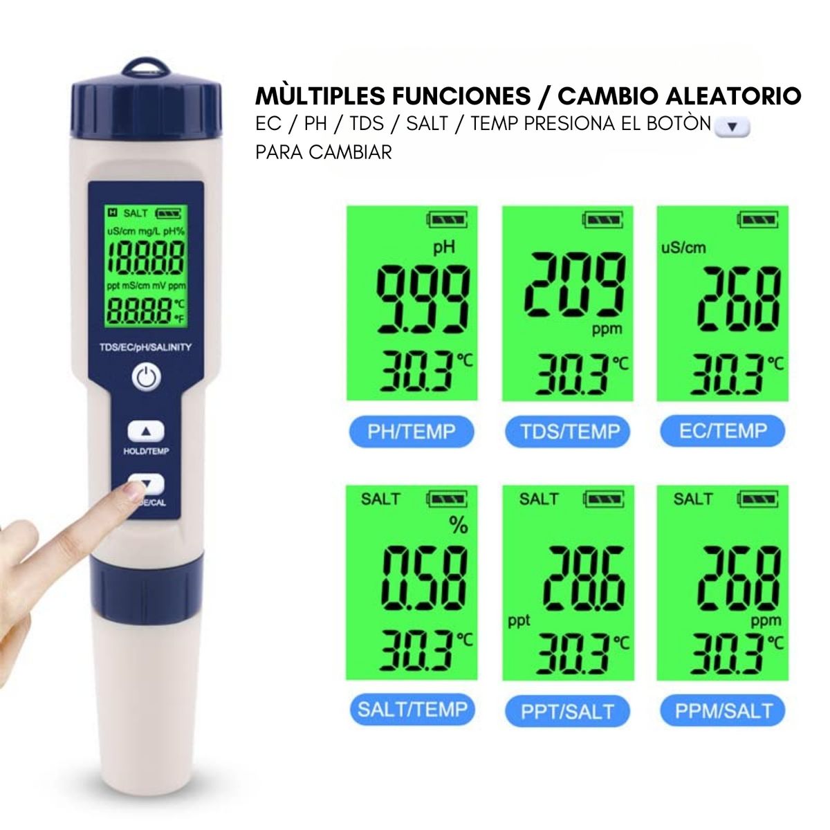 GENERICO - Medidor Digital Agua 5 En 1 Ph /ec/tds/salinidad/temperatura