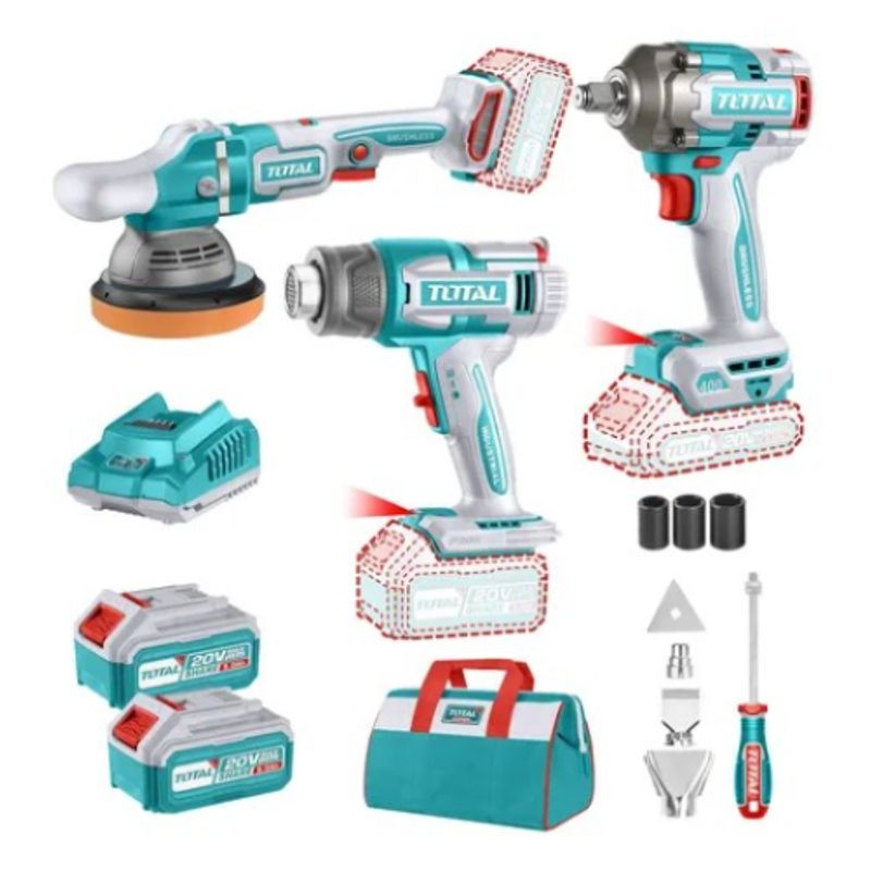 TOTAL - Kit 3 en 1 Total 20v llave impacto 1/2'lustra pulidora 6 pulgadas pistola de calor