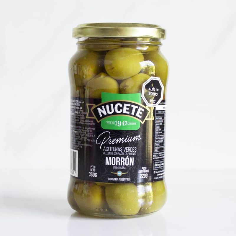 NUCETE - Aceitunas verdes Premium con Pimenton frasco Nucete 220 grs