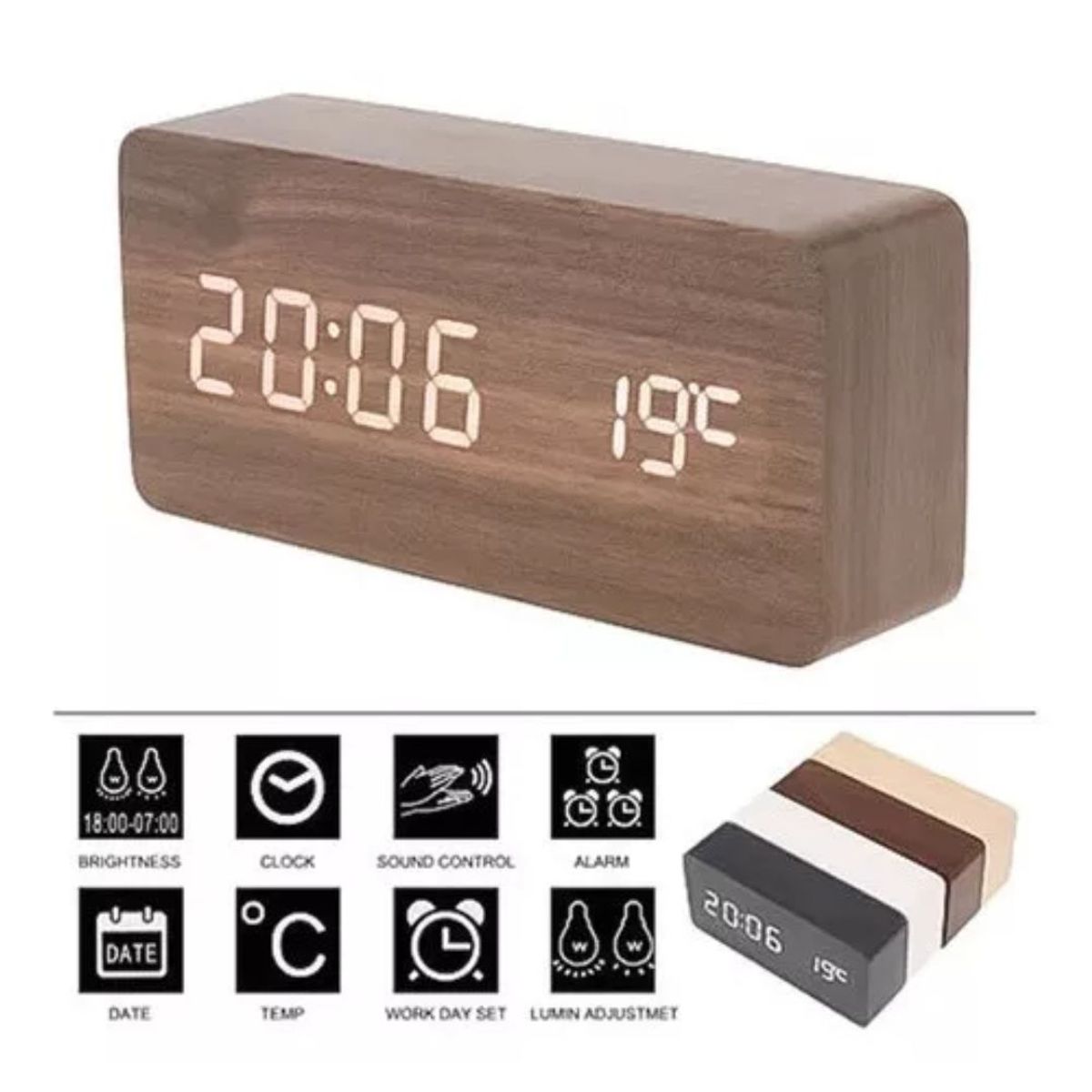 GENERICO - Reloj Despertador Digital De Madera Luz Lcd Pilas Y Usb Marron Claro