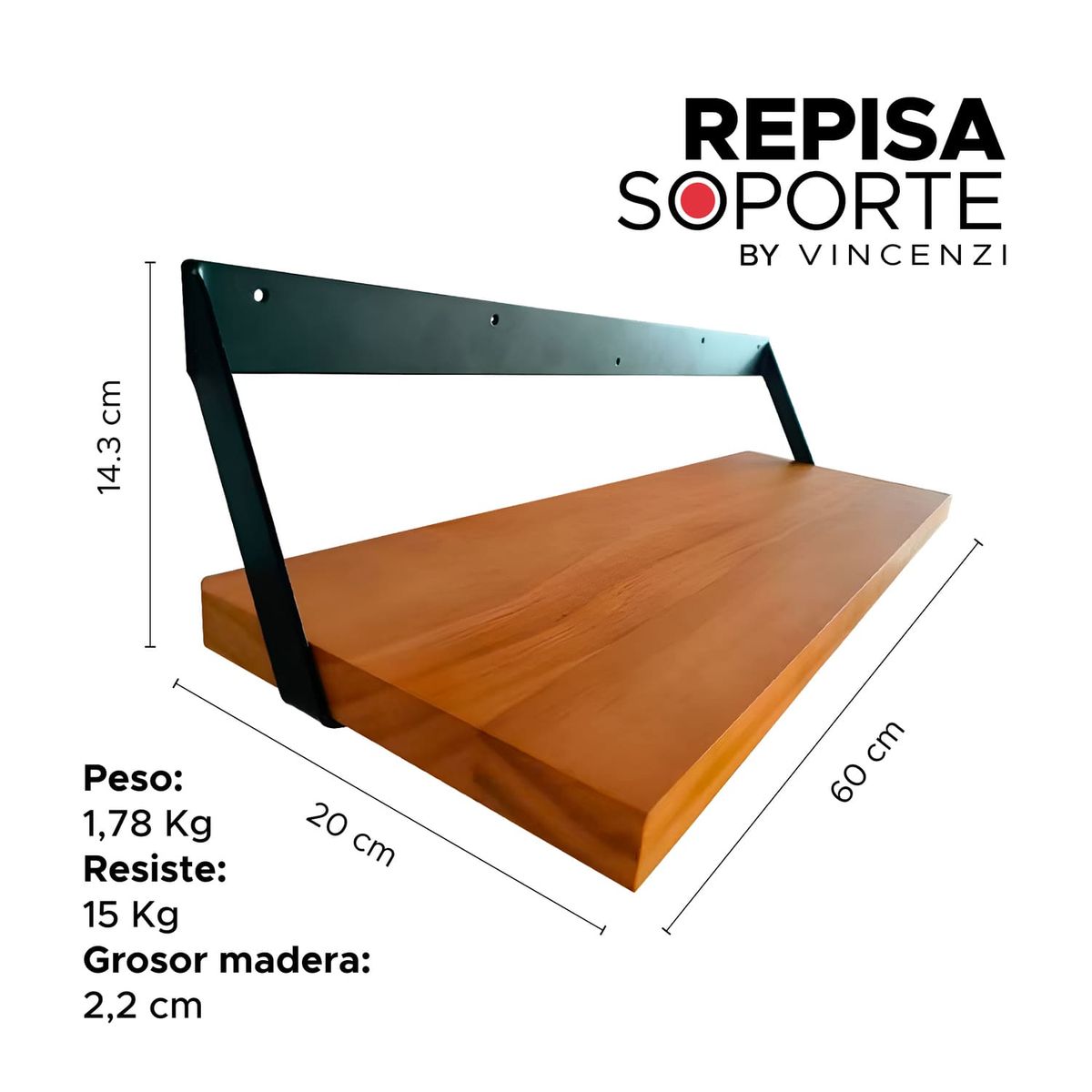 VINCENZI - Pack 2 Soportes o Repisas De Madera Con Hierro Para Pared 60x20 Cm
