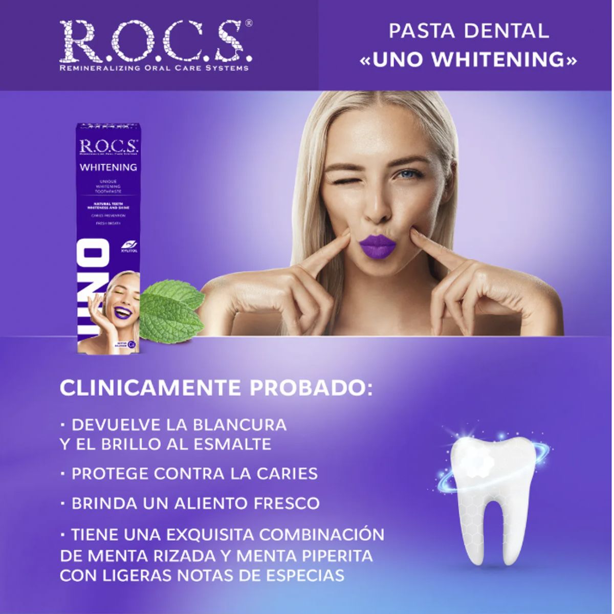 ROCS - Pasta Dental Blanqueadora Rocs Uno Whitening 74g Sin Fluor