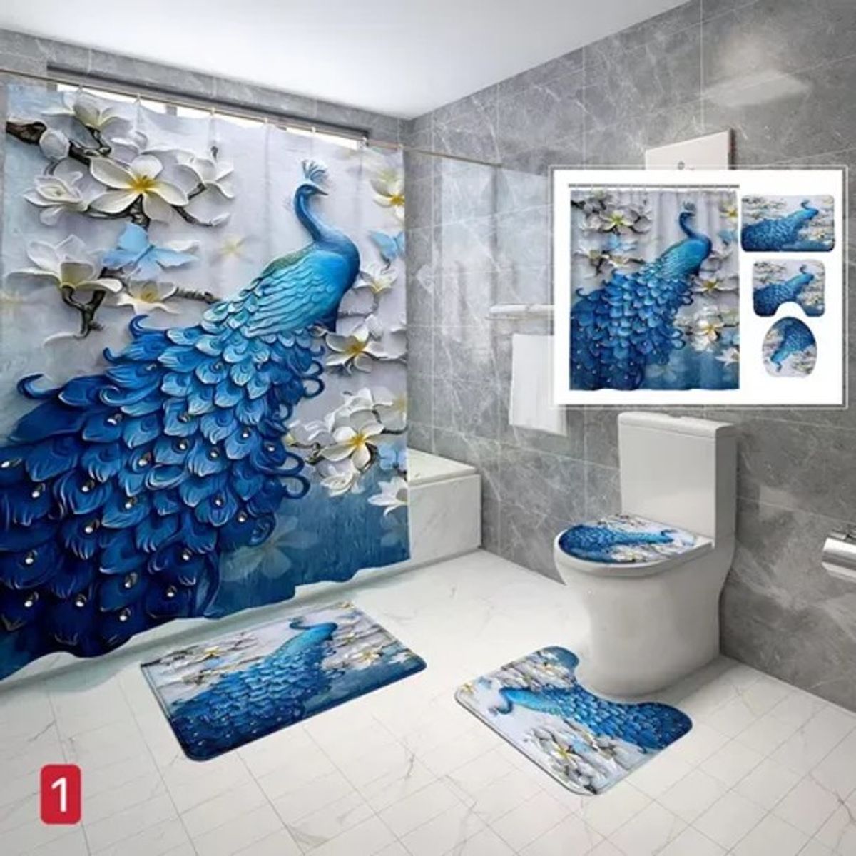 GENERICO - SET DE BAÑO IMPERMEABLE 4 PIEZAS CON DISEÑO PAVO REAL TF