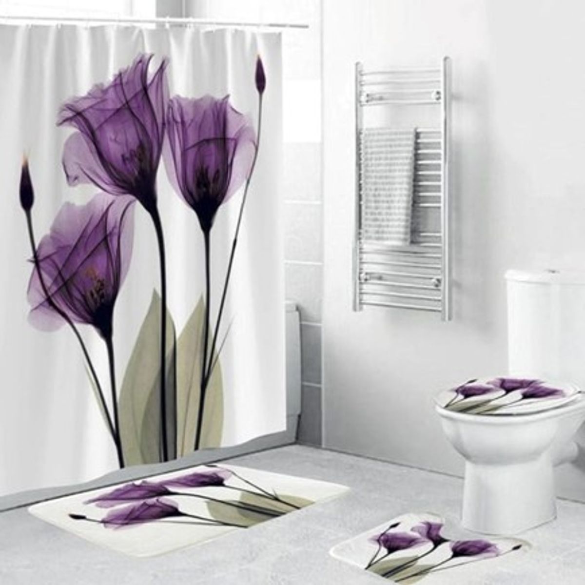 GENERICO - SET DE BAÑO IMPERMEABLE 4 PIEZAS CON DISEÑO FLORES VIOLETA WYN
