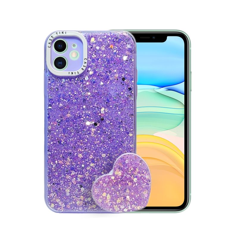 GENERICO - CARCASA PARA IPHONE 11 GLITTER CON POP SOCKET COLOR LILA.