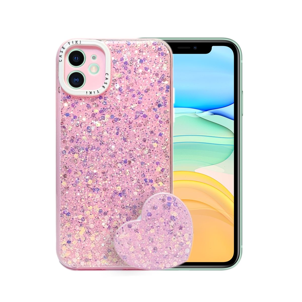 GENERICO - CARCASA PARA IPHONE 11 GLITTER CON POP SOCKET COLOR ROSA