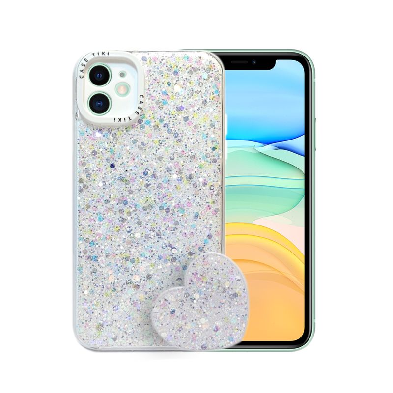GENERICO - CARCASA PARA IPHONE 11 GLITTER CON POP SOCKET COLOR BLANCO