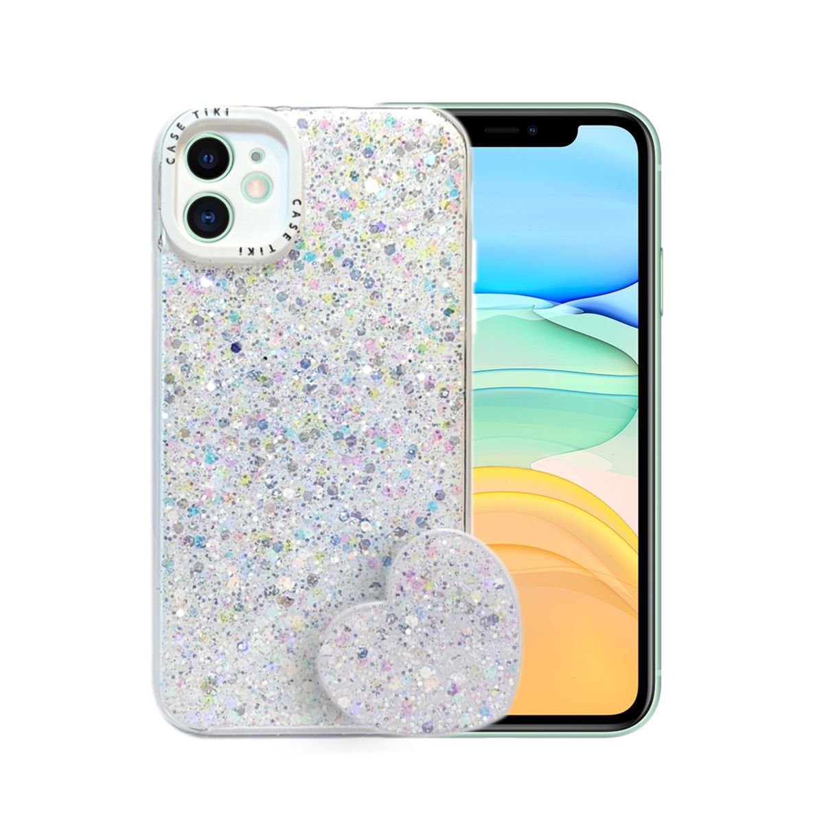 GENERICO - CARCASA PARA IPHONE 11 GLITTER CON POP SOCKET COLOR BLANCO.